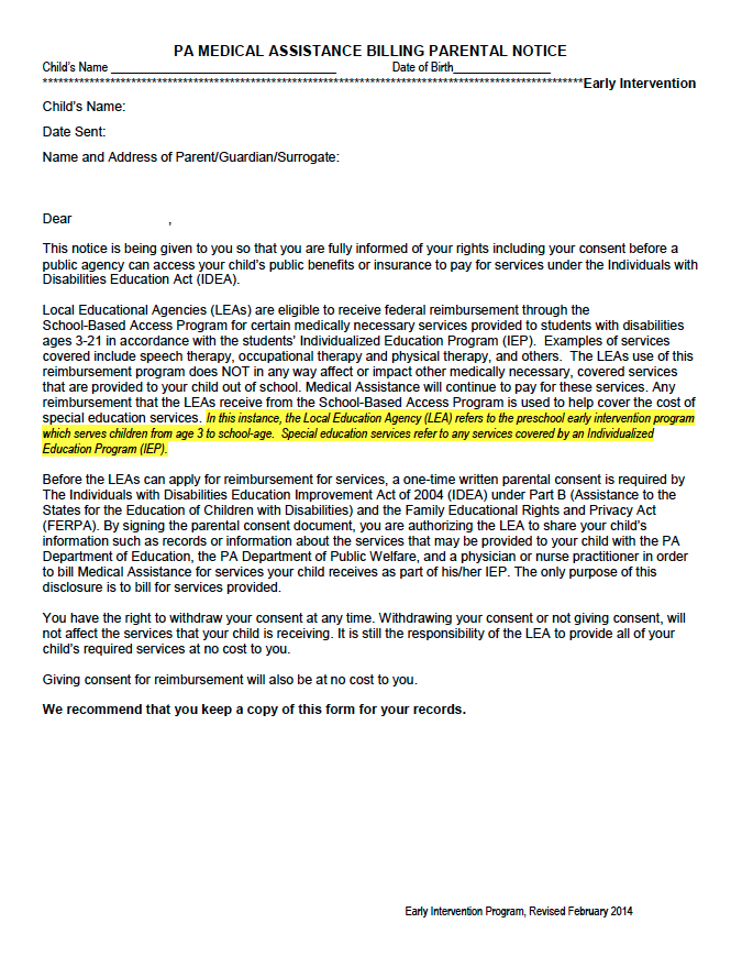 PaTTAN Pennsylvania Medical Assistance Billing Parental Notice